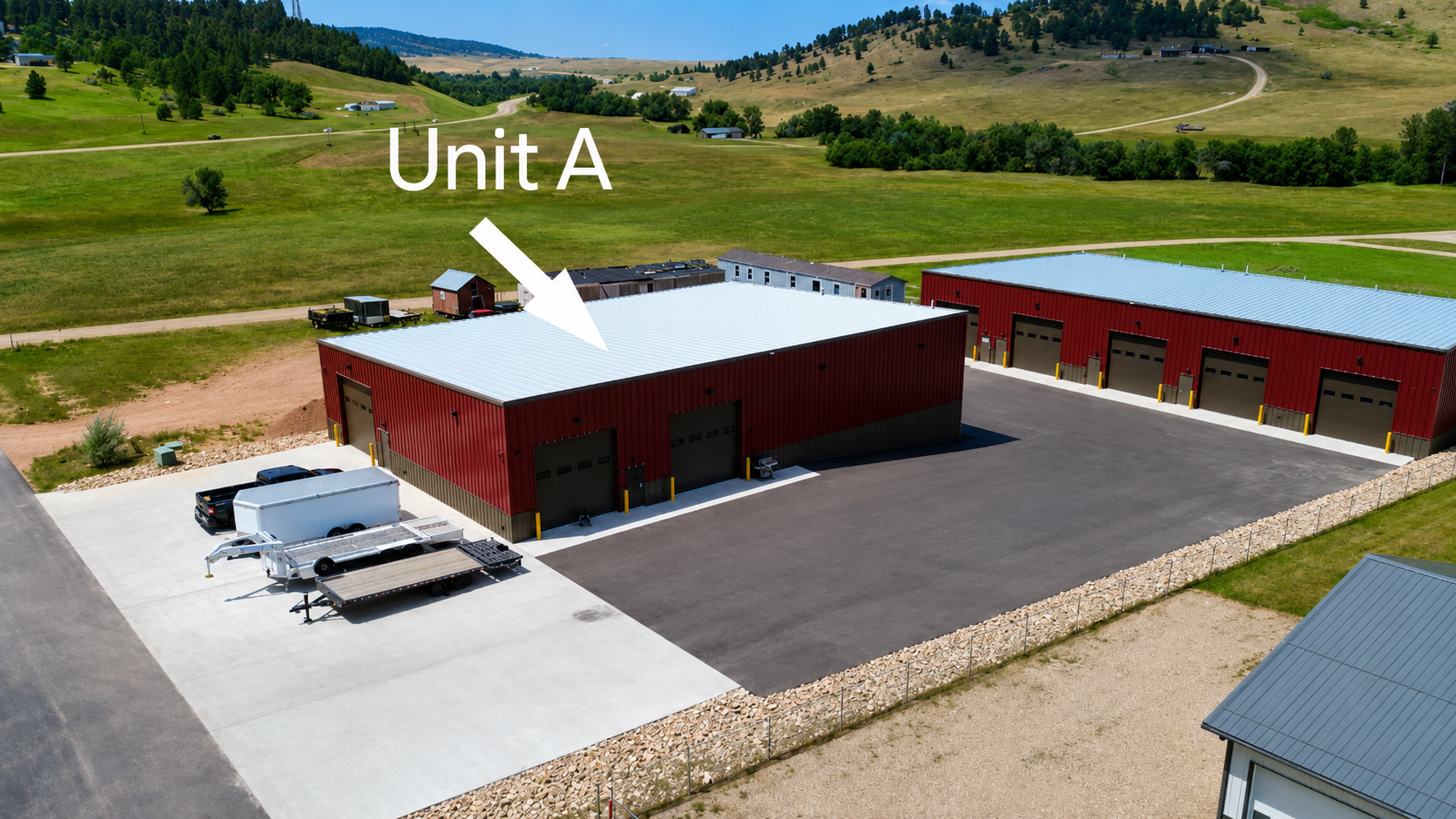 Aerial view of red storage units